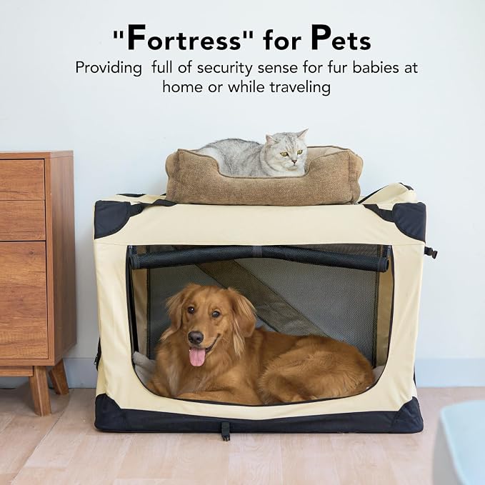 HICC PULE Collapsible Portable Kennel, 36 Inch Large/Medium Dog Kennel, 3-Door Soft-Sided Pet Crate for Indoor/Outdoor, Car Trip, Beige