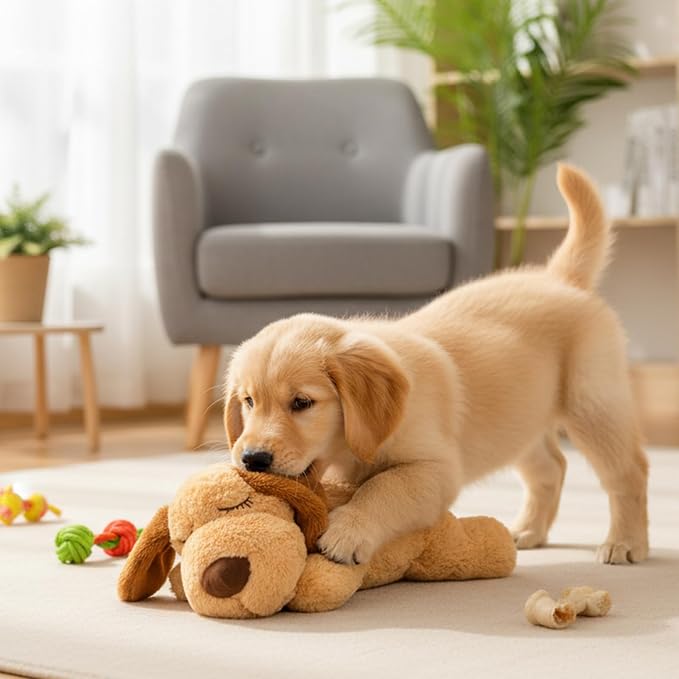 3T GROUP Puppy Heartbeat Toy for Dogs Sleep Aid Stuffed Animal with Heartbeat Toy for Puppy Essentials Pet Pillow Anxiety Relief Calming Toy(Yellow)