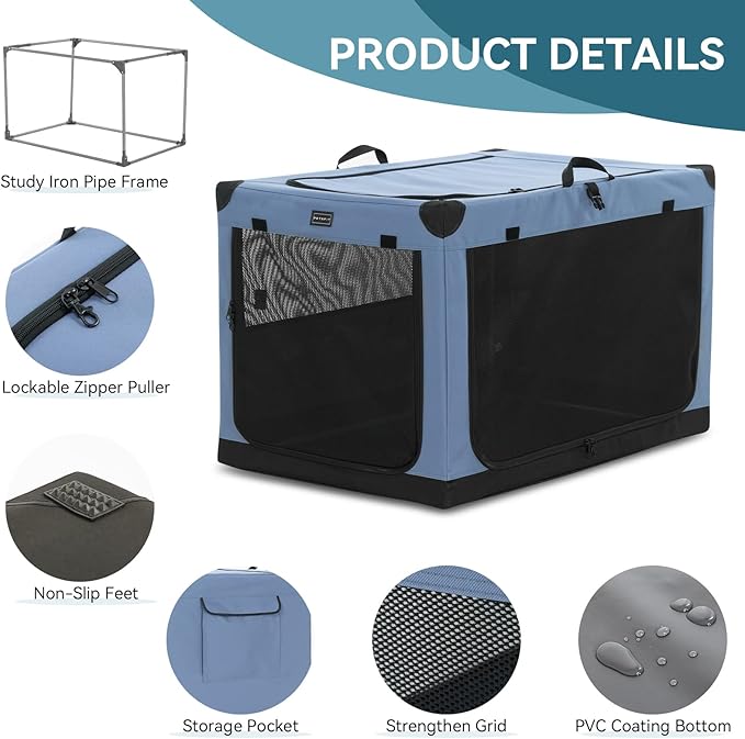 PETSFIT 36" Soft Portable Dog Crate – Patented Spiral Sturdy Frame, Collapsible Travel Kennel for Medium & Large Dogs, 3 Mesh Door, Lockable Zippers, Indoor & Car Use Blue