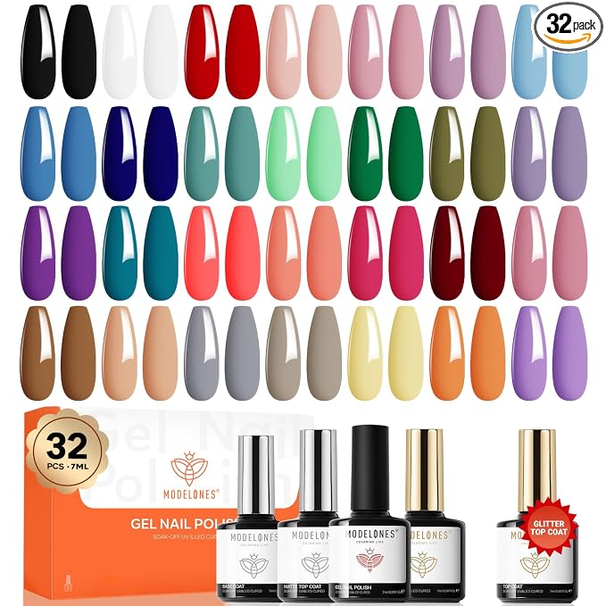 modelones 32 PCS Gel Nail Polish Set, 28 Colors Gel Polish with No Wipe Base Coat, Glitter & Glossy & Matte Top Coat Black Brown Red Purple Soak Off LED Nail Art Kit Salon at Home