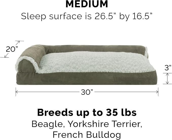 Furhaven Pillow Dog Bed for Medium/Small Dogs w/ Removable Bolsters & Washable Cover - Two-Tone Plush Faux Fur & Suede L Shaped Chaise - Dark Sage, Medium