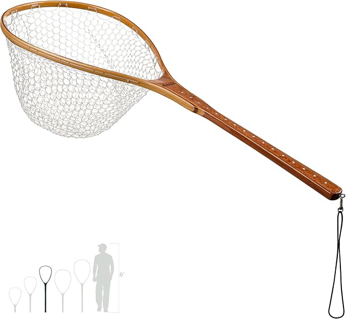 Riverruns Fly Fishing Net Landing Net Wooden Net Soft Rubber Mesh Trout Net Freshwater Saltwater Fishing Net with Safety Cord Net Gifts for Father Men