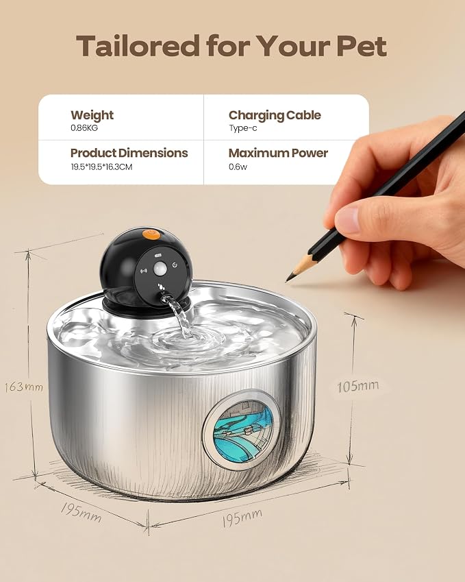 Cordless Cat Water Fountain Wireless: Pet Fountain with 8 Filters 8 Sponges | 2.6L Battery Powered Cat Fountains for Cats Indoor Rechargeable Kitty Water fountain stainless steel with Water Level Window