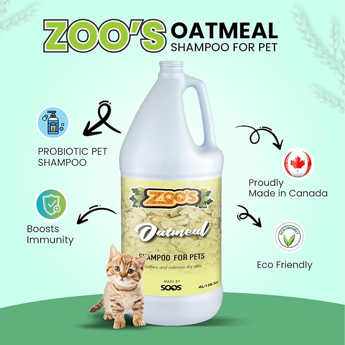 Zoo’s Pet Oatmeal Dog Shampoo for Cats and Pets Fast Absorbing Moisturize Skin Provides Relief to Dry Itchy Skin While Softening Your Pet’s Coat - 1x Dog and Cat Shampoo (4L / 1.32 gal)