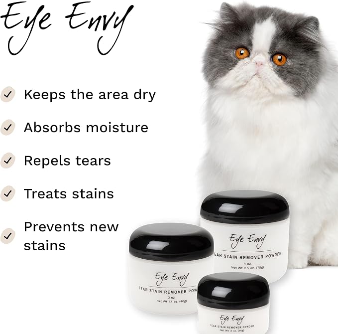 Eye Envy Tear Stain Remover Powder for Dogs and Cats. Natural, Safe Formula. Apply Around Eyes. Absorbs and Cleans Tears and Staining. Keeps Area Dry. Made in The USA. (.5 oz)