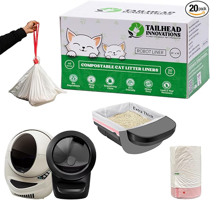 Tailhead Robot Liners – 100% Compostable - Compatible With Litter Robot 3/4 – 25" x 16" – Drawstring Close – Scent & Toxins Free – 40 Micron - Rip & Tear Resistant – 20 Count
