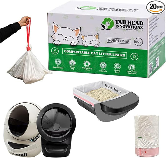 Tailhead Robot Liners – 100% Compostable - Compatible With Litter Robot 3/4 – 25" x 16" – Drawstring Close – Scent & Toxins Free – 40 Micron - Rip & Tear Resistant – 20 Count
