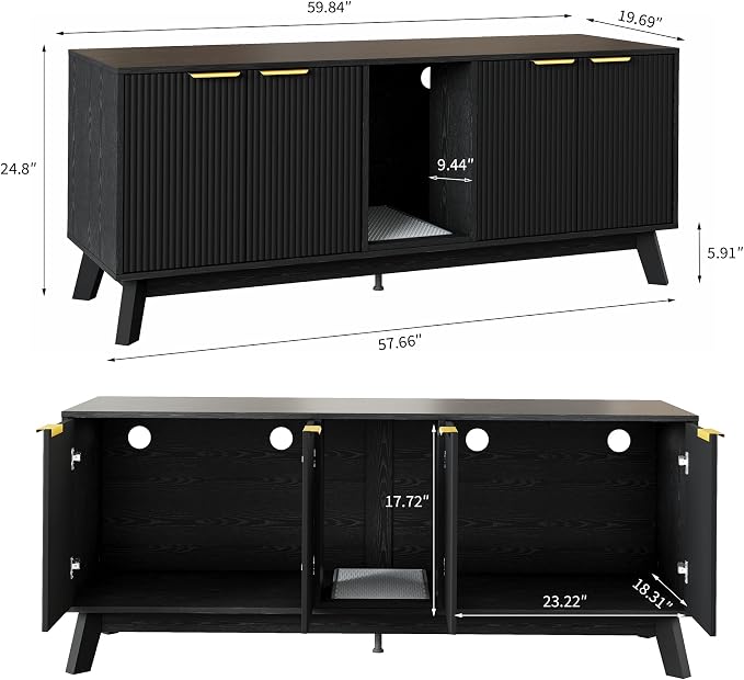 Garvee Cat Litter Box Enclosure for 2 Cats, 59" Hidden Litter Boxes Furniture with Cat Litter Mat, Large Indoor Pet House with Double Room, Wooden TV Stand Side Table, Black