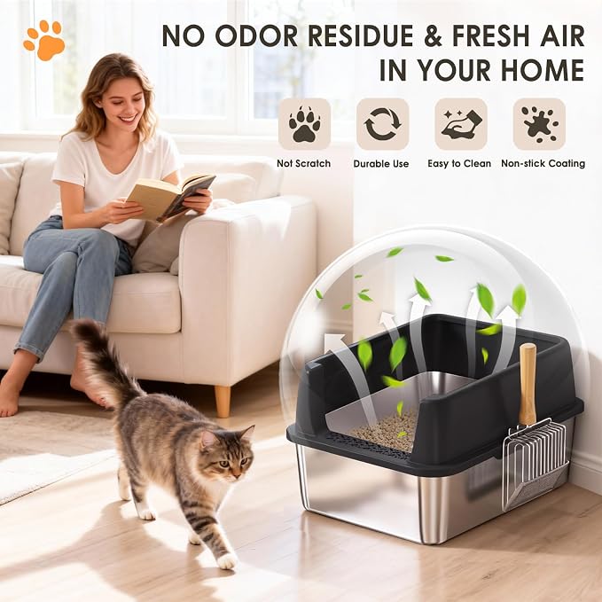 Stainless Steel Litter Box, 17.4'' x 13.5'' x 8.5'' Metal Kitty Litter Box for Small Cats Kitten High Sided Litter Boxs with Scoop Open Top Low Entry Easy to Clean Non-Sticky Anti-Leakage