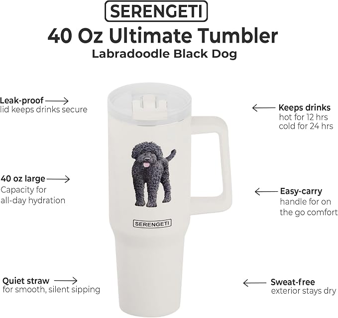 SERENGETI 40 Oz Ultimate Tumbler with Handle and Straw - Vacuum Insulated Tumbler with Straw and Lid - Stainless Steel Travel Mug for Pet Lovers - 3D Designs of your favorite Dog (Labradoodle)