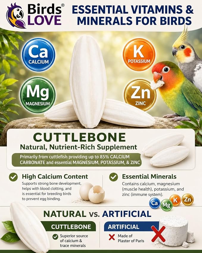 Birds LOVE 7.5-8" Cuttlebones for Birds – 100% Natural Sun-Dried Calcium & Beak Conditioning Supplement for Parakeets, Budgies, Cockatiels, Finches & Canaries – 4 lb with Holder – Made in Vietnam