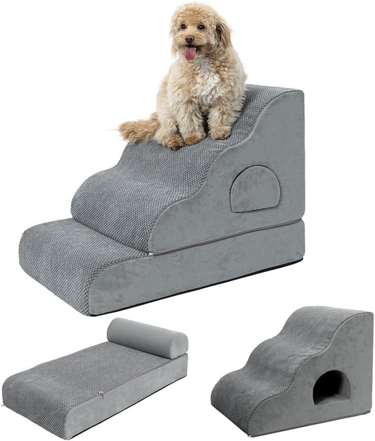 Dog Stairs for Small Dogs 19.7" H, 4-Step Dog Steps for High Bed, High-Density Foam Curved Pet Stairs with Non-Slip Removable Washable Cover to Get on Bed