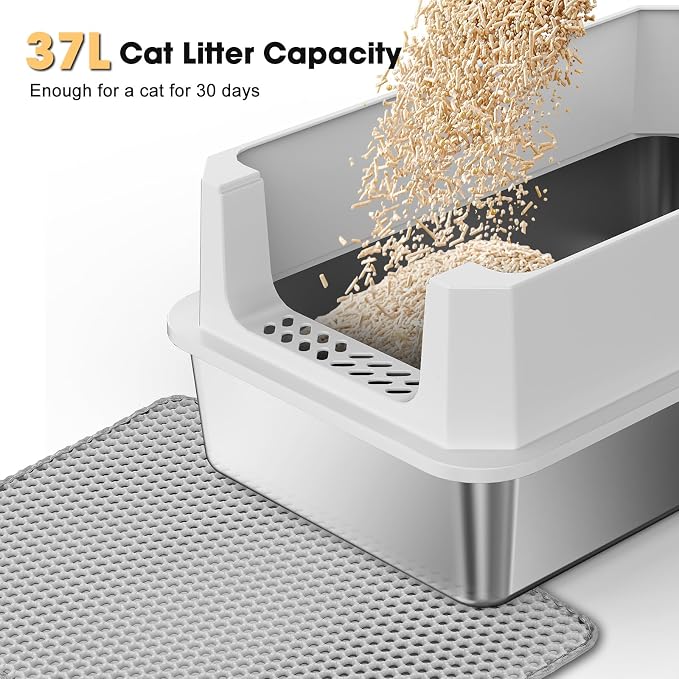 FURTIME Stainless Steel Cat Litter Box, Easy-Clean High-Sided Metal Litter Box, Open-Top Litter Pan for Large Cats, Includes Scoop & Mat, Non-Stick, Anti-Leakage, 23"×15"×10.5"