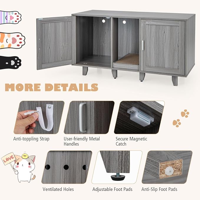 Tangkula Patented Double Cat Litter Box Enclosure for 2 Cats, Large Stackable Hidden Privacy Cat Washroom Cabinet with Scratching Board, Indoor Cat House TV Stand, Litter Box Furniture (Grey Oak)