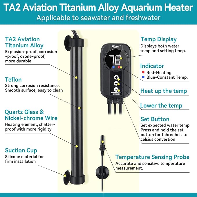 hygger Marine Aquarium Heater 500W,Titanium Heater with Digital LED Controller & Temperature Probe,Submersible Fish Tank Heater with Temperature Calibration,for Saltwater Freshwater Tank 70-80Gallon