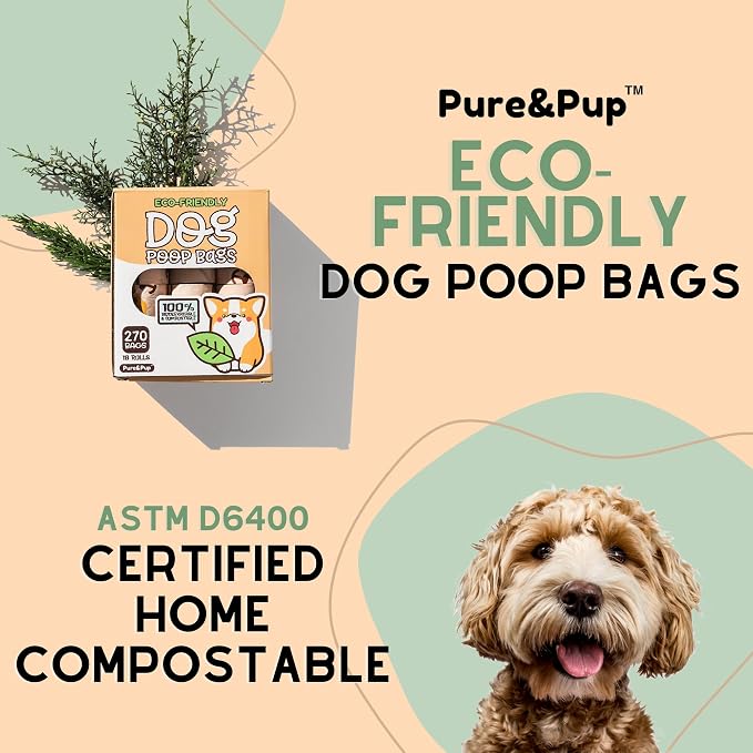 Pure & Pup 100% Certified Home Compostable Dog Poop Bags - Plant Based Corn Starch - Cute Poop Bags - 18 Dog Poop Bags Rolls - Extra Strong & Leak Proof - ASTM D6400 & EN 13432 Compliant - 270 Count