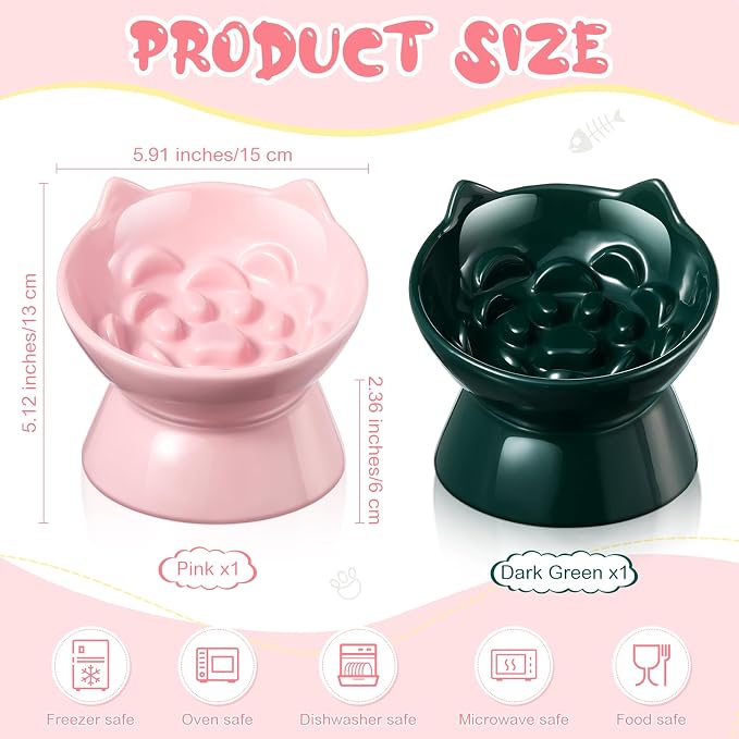 Funnymoom 2 Pcs Ceramic Raised Slow Feeder Cat Bowl, 5.91inch Elevated Cat Slow Feeder Bowl Tilted Anti Vomiting for Dry Wet Food and Water Easy to Clean High Edge(Dark Green, Pink)