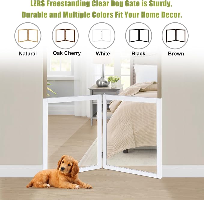 LZRS Clear Dog Gate for Indoor Use - Transparent Pet Fence with Solid Hardwood and Plastic Board, Stylish & Durable freestanding Pet Gate for Doorways, Stairs and Hallways-2 Panel White