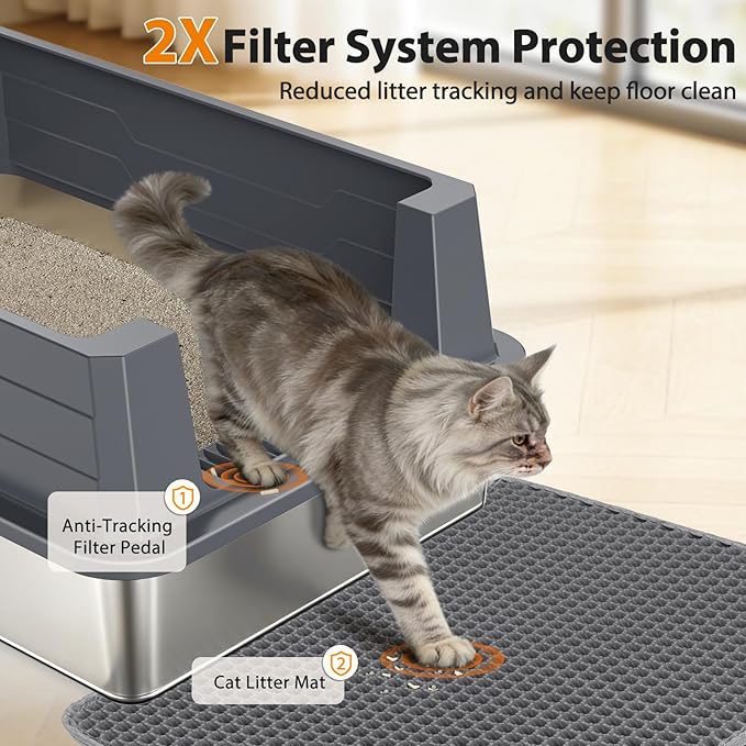 FURTIME Stainless Steel Cat Litter Box, Easy-Clean High-Sided Metal Litter Box, Open-Top Litter Pan for Large Cats, Great for Multi-Cat Homes,Includes Scoop&Mat, Non-Stick, Anti-Leakage, 28"×20"×12.2"