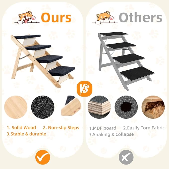 MEWANG Wood Pet Stairs & Ramp for Small/Medium Dogs & Cats, Aging Pets – 2-in-1 Foldable, Portable, Non-Slip Pet Ladder for Tall Beds, Couches, Cars – Holds Up to 220 lbs (31.5" L x 17.2" W x 25.0" H)