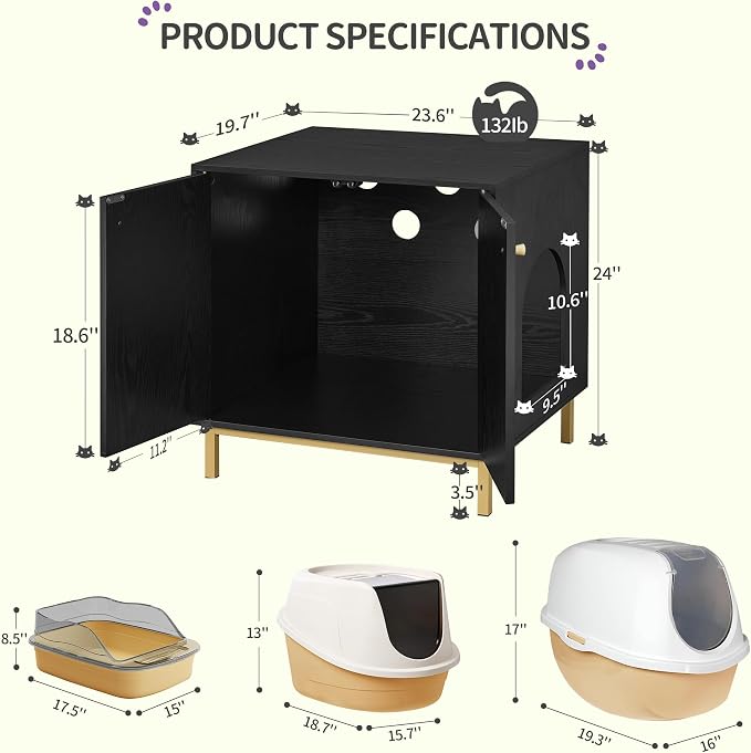 Hzuaneri Cat Litter Box Enclosure, Hidden Litter Box Furniture Cabinet, Wooden Indoor Cat House, Side End Table, Living Room, Bedroom, Black and Gold CB81204G