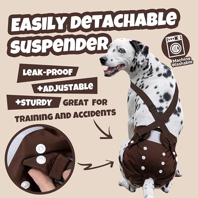 Pet Soft Dog Diapers Female with Suspenders, 3 Pack Reusable Female Dog Diapers for Heat, Dog Period Panties for Doggie in Cycle(Medium, Bear Brown)