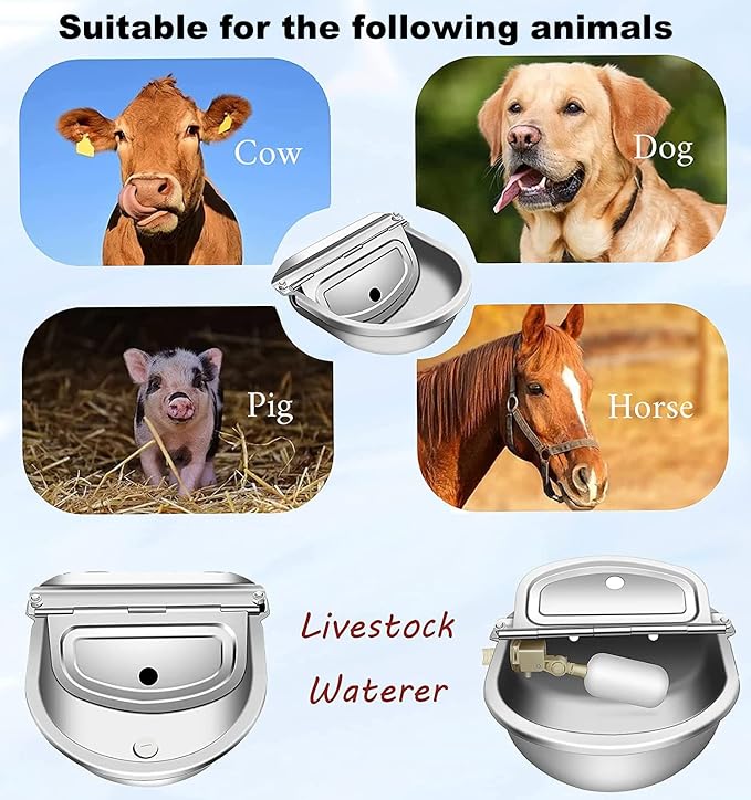 Automatic Animal Drinking Water Bowl, Stainless Steel Automatic Water Dispenser for Dogs Horses Goats, Livestock Waterer Water Trough with 2 Float Valves, Hose