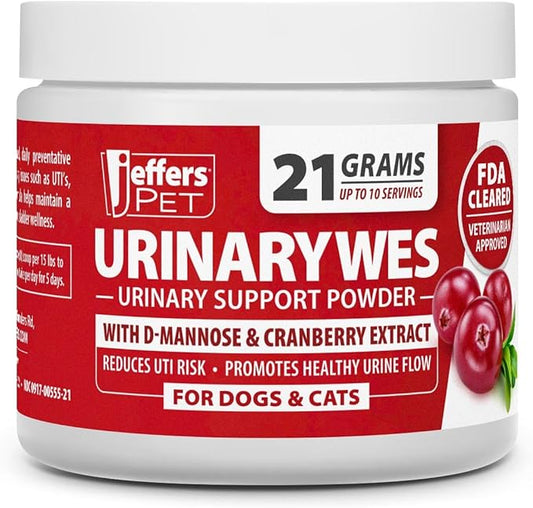 Jeffers Pet UrinaryWes Urinary Support Powder for Dogs & Cats, D-Mannose & Cranberry Supplement for Urinary Tract & Bladder Health, Kidney Support, UTI Prevention, Chicken Flavor Food Topper – 21 g