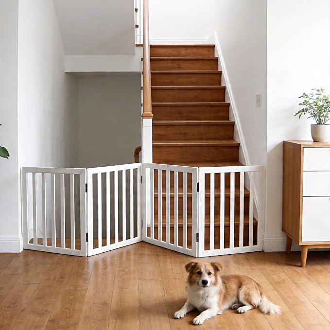 Dog Gate Indoor, Freestanding Dog Fence for The House, Doorways, Hallways,or Stairs,Pet Gate Foldable Wooden,Expandable 24" Height 4 Panels,White