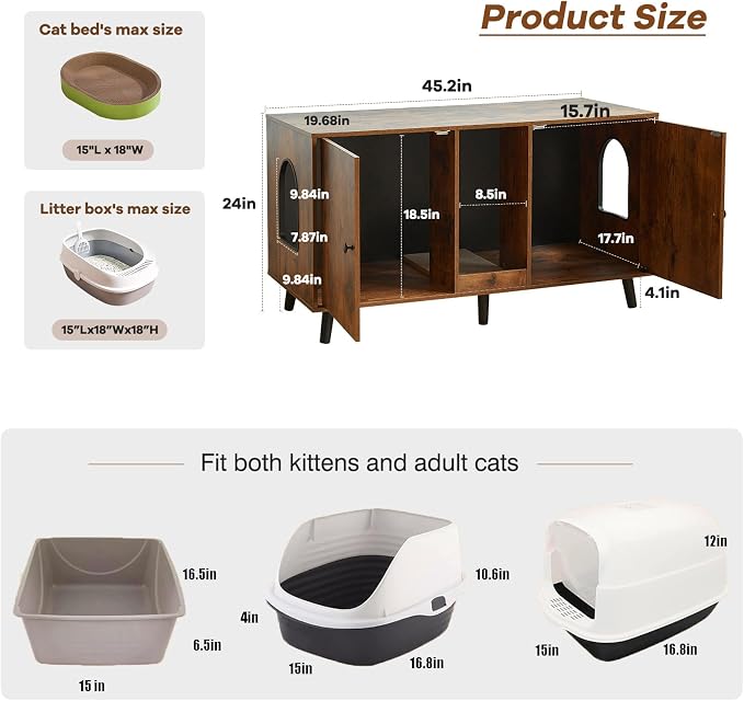 Litter Box Furniture for 2 Cats - Farmhouse Cat Litter Box Enclosure Cabinet Hidden Double Room, 42.3" TV Stand Large Space for Standard Pan Litter Boxes, Vintage Brown