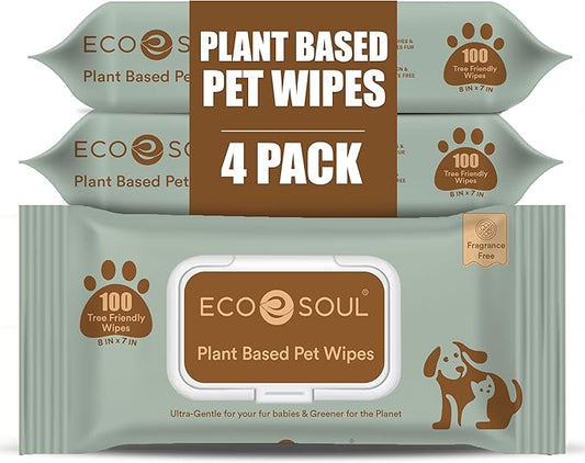 ECO SOUL Pet Wipes for Dogs & Cats, Unscented Large Cleaning Wipes with Aloe Vera & Jojoba Oil | (100 Count Each, Pack of 4)
