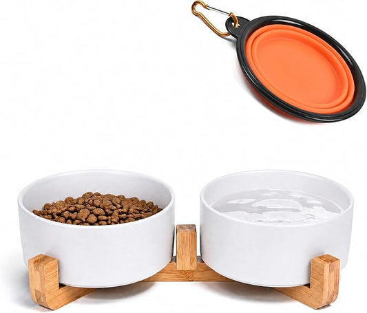 Petygooing Dog Bowls,White Ceramic Cat and Dog Bowl Set with Wood Stand for Food and Water, Non-Slip Cute Modern Pet Dish Set for Cats & Medium Dogs (28OZ)