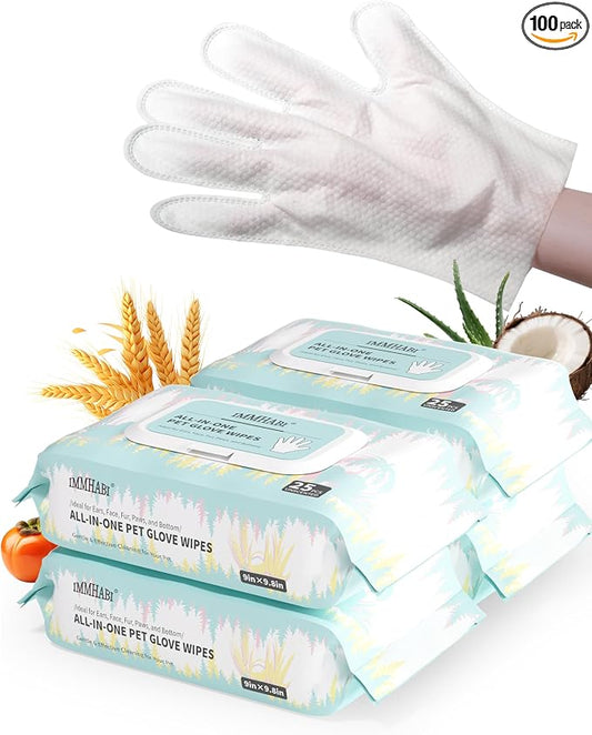 IMMHABI 100 Count Pet Glove Wipes, Cleaning & Deodorizing for Dogs & Cats, Hypoallergenic Dog Bath Wipes with Natural Persimmon Tannin, Unscented Wipes for Ears, Fur, Paws