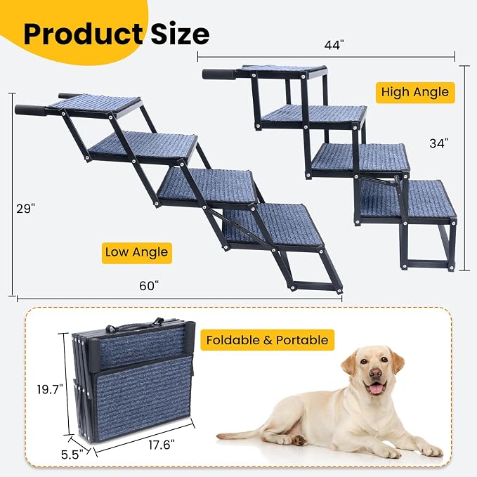 Dog Stairs for Large Dogs, Extra Wide Dog Ramp for Car with Non-Slip Surface, Foldable Pet Steps for Cars, SUV, Truck, RV, Supports up to 200 lbs, 4 Steps