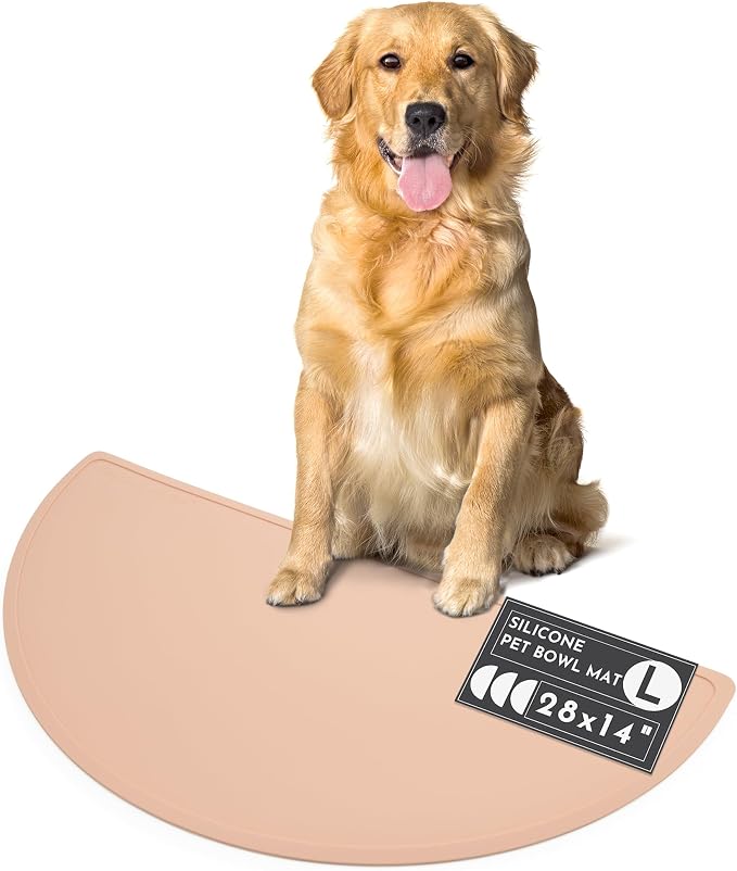 Should We Go? Waterproof Silicone Dog Food Mat – Large Size Non-Slip Pet Bowl Mat, Raised Edge Design, Easy-to-Clean Pet Food Placemat for Dog & Cat Bowls, 28" Across x 14" Deep - Blush