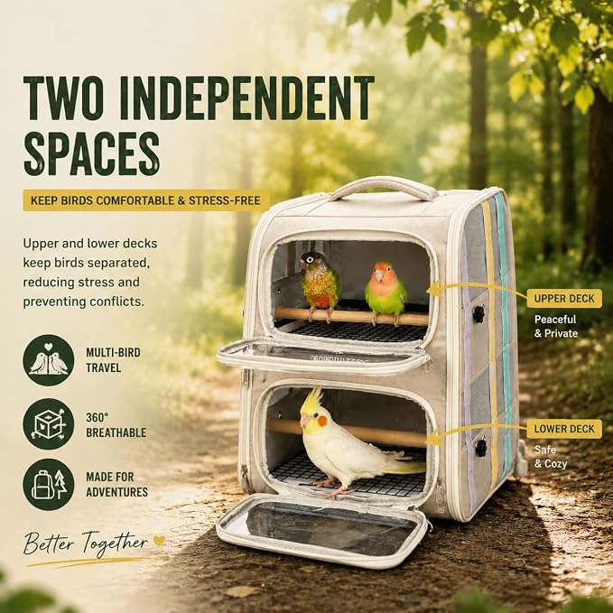 Bird Backpack Carrier for Parrots, Double Layer Bird Travel Cage with Removable Mesh Tray & Perch, Portable Ventilated for Multiple Small Birds Parakeet Cockatiel Conure