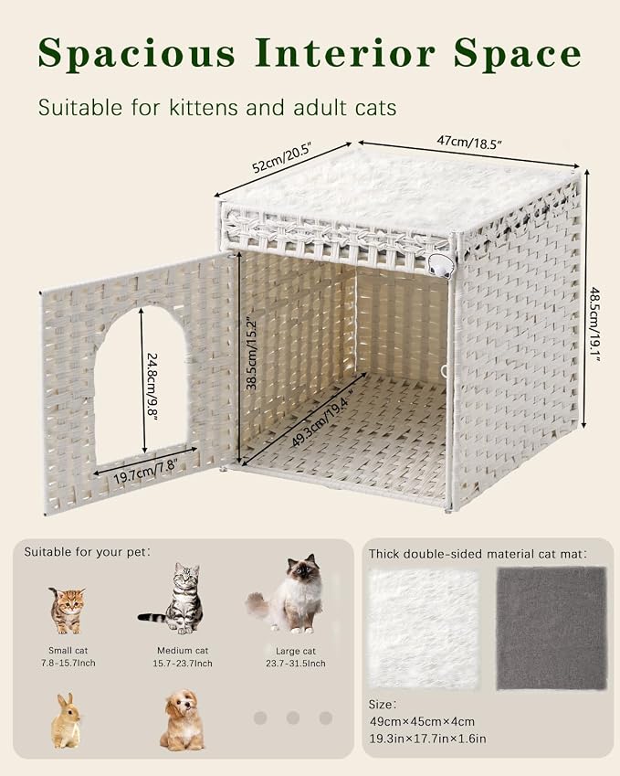 SETVSON Cat Beds for Indoor Cats Extra Large Double Cat Cave Pet Cube, Handwoven Rattan Cat Houses with Double-Sided Soft Cushions, 18.5 x 20.5 x 19.1 Inches Foldable Hideaway in Living Room White