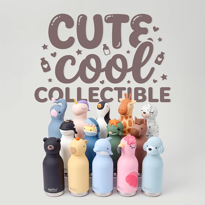 asobu Bestie Bottle Insulated Stainless Steel Water Bottle with Detachable Soft Animal Head Fun Drinking For Kids and Teens with Flexible Reusable Straw 16 Ounce (Seal White)
