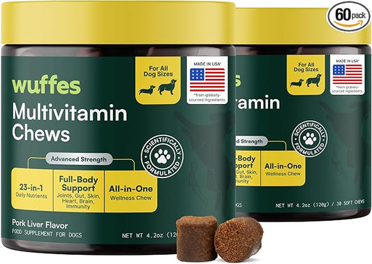 Wuffes 23-in-1 Dog Multivitamin Soft Chews Skin & Coat, Immune + Gut Health Support - Vitamins & Minerals with Omega-3, Iron & Zinc for Puppies & Senior Dogs, 60 Ct