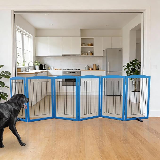 ZJSF Freestanding Dog Fence Indoor, Foldable Dog Gate for Doorways, Stairs or Hallways, Sturdy Wood Extra Wide Pet Gate with Support Feet for The House, Blue, 32 "Height-6 Panels