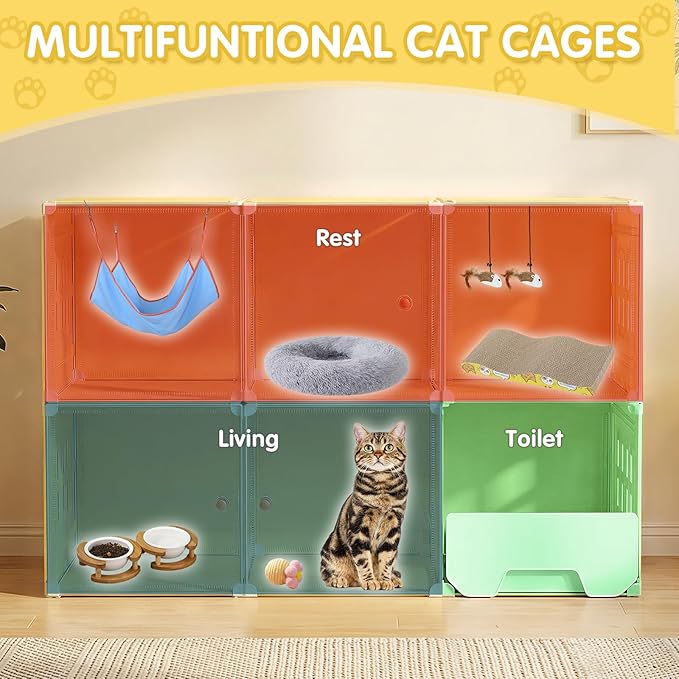 Cat Cage 3-Tier with Built-in Litter Box & Free Scoop Cat Enclosure with Detachable Metal Frame Transparent Window DIY Zones Cats Kennel for 1-3 Cats Indoor Playpen 41" x18" x 41"