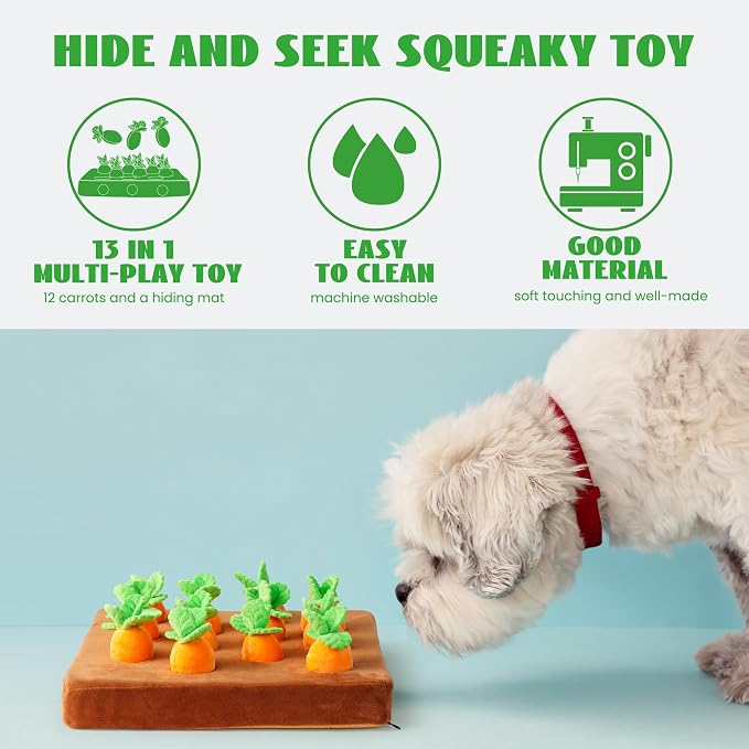 Nocciola Carrot Puzzle Dog Toys, 12PC Squeaky Carrots & Farm Snuffle Mat for Hide and Seek Snuffle Toys for Small and Medium Dogs, Carrot Patch Dog Toy to Keep Them Busy