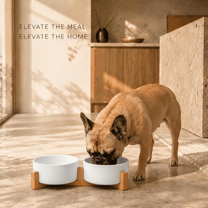 SPUNKYJUNKY Ceramic Dog and Cat Bowl with Wood Stand Non-Slip Matte Glaze Weighted Food Water Set for Cat Medium Dog 28.7 OZ