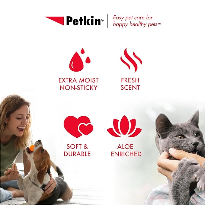 Petkin Pet Wipes for Dogs and Cats, 200 Large Wipes - Removes Dirt & Odor Like Washing Hands - Cleans Ears, Face, Butt, Eyes Area - Convenient, Ideal for Home or Travel - 2 Packs of 100 Wipes