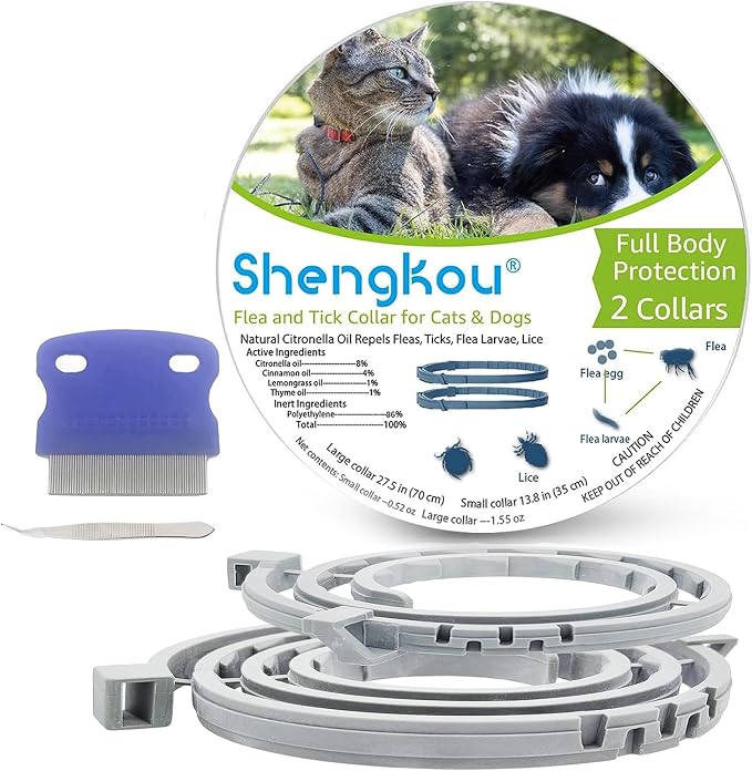 Flea and Tick Collar for Dog and Cat, Made with Plant Based Essential Oil, Safe and Effective, Waterproof, Free Comb and Tweezers & Drop 12-Month, 2 Packs