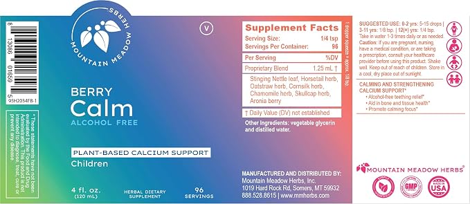 Mountain Meadow Herbs Berry Calm for Kids – Herbal Calcium Supplement for Strong Bones, Teeth, Focus & Relaxation, Great Tasting Liquid Formula, 4 oz