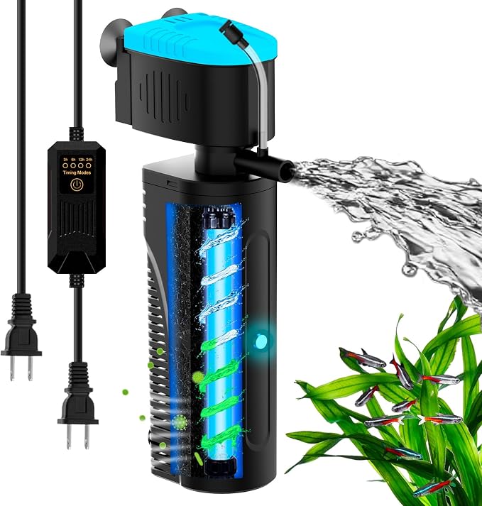 Aquarium Filter with U - V Clarifier for Green Water Cleaning | Fish Tank Filter to Remove Al-gae | Green Killing Machine | Aeration/Rainfall Mode | with Timer | Turtle Tank Filter (60-150Gal)