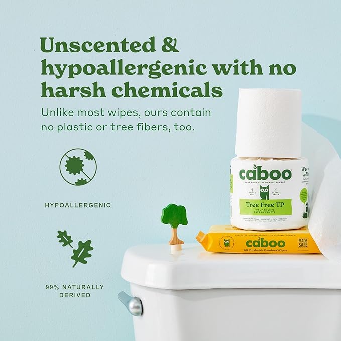 Caboo Flushable Wipes 3 Pack + Pet Wipes 2 Pack Bundle - Natural Bamboo Based Paper Products - Sustainable Alternative to Plastics and Papers for Home, Travel, and Personal Care