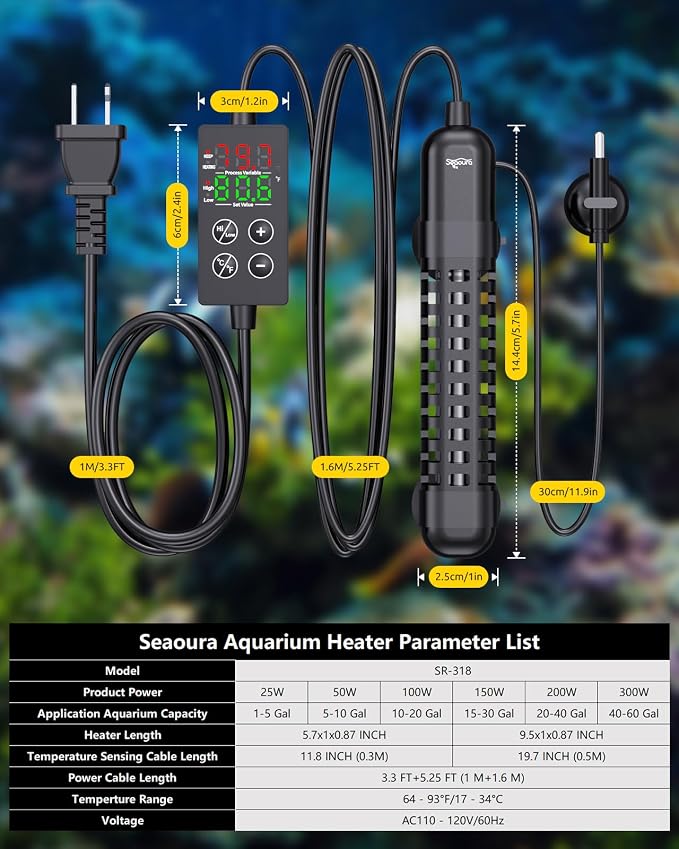 SEAOURA Small Aquarium Heater, 50W Mini Fish Tank Heater 5-10 Gallon, Adjustable Submersible Turtle Betta Heater with External Digital Display Intelligent Safety Protection for Fresh/Saltwater