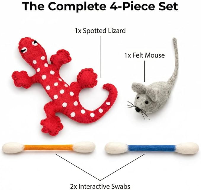 Glaciart One Wool Cat Toy Set with Organic Catnip | Interactive Cat Toys for Play, Exercise & Boredom Relief | Mouse, Lizard & Swabs